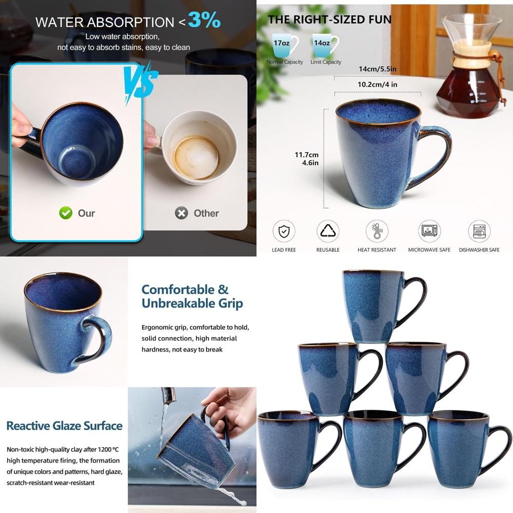 Coffee Tea Uses - Set of 6 Large Blue Ceramic