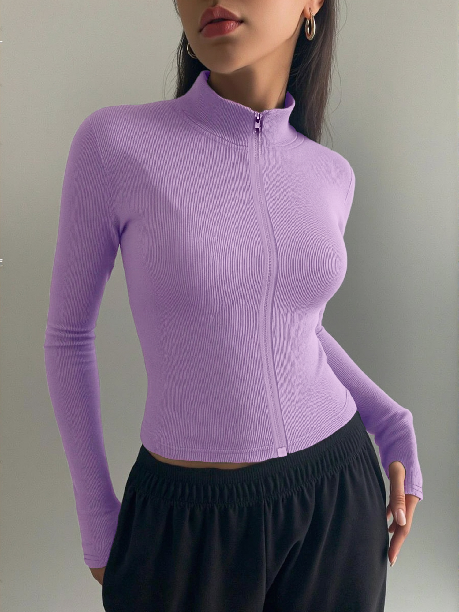 Coffee&Tea House Opinie - Casual Ribbed High Neck Zip-Up Top,